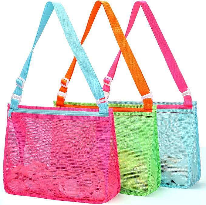 Tagitary Beach Toys Large Mesh Beach Bag Sand Toy Shell Collecting Bag for Holding Shells Pool Bag Swimming Accessories Gift for Teens Boys and Girls (Only Bags,A Set of 3)