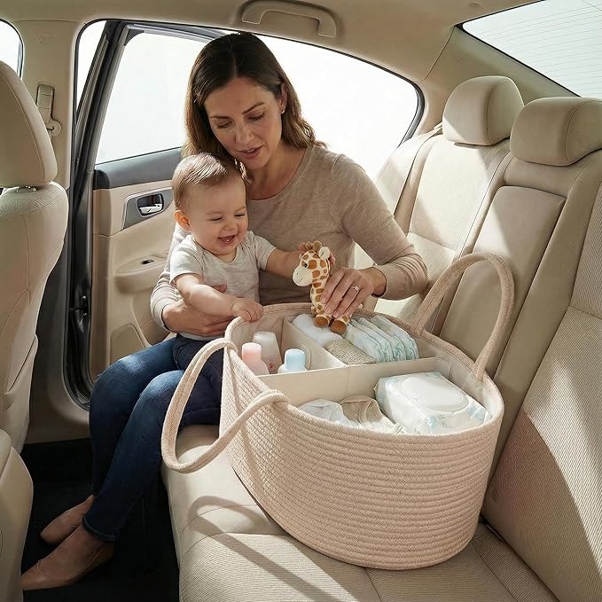 luxury little Diaper Caddy Organizer, Large Cotton Rope Nursery Baby Basket, Changing Table Organizer for Baby Diaper Storage, Portable Car Organizer Removable Divider (Oatmeal, Extra Large)