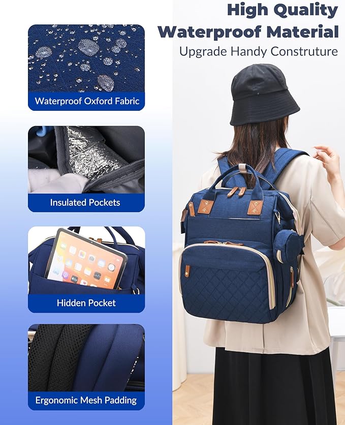 Lamroro Diaper Bag with Changing Station, Waterproof 3 in 1 Baby Diaper Backpack with Foldable Changing Pad, Large Travel Back Pack for Baby Girl Boy, Baby essentials, Blue