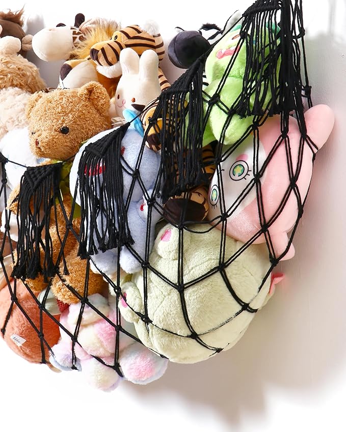 Boho Macrame Stuffed Animal Hammock with LED Lights, Wall Corner Hanging Plushie Net, Large Toy Organizer for Kids Bedroom Nursery Playroom & Dorm (Black XL)