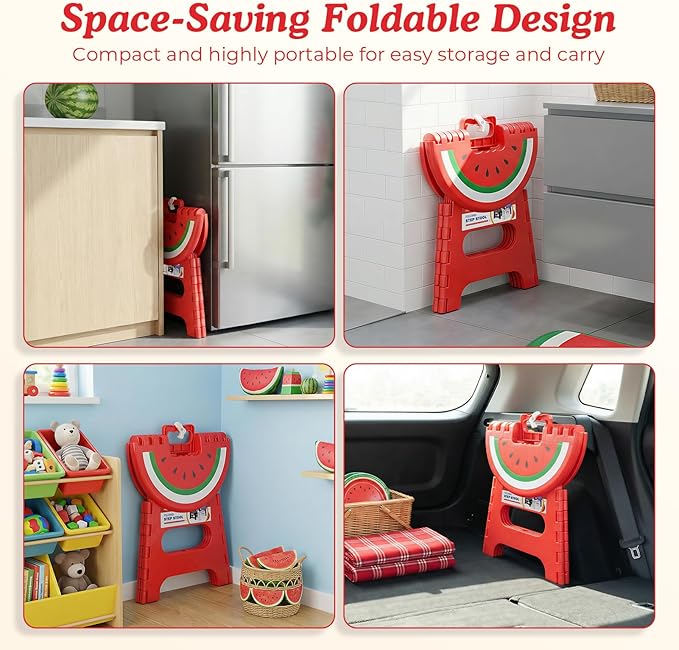 ACSTEP Folding Step Stool 9 Inch, Sturdy Collapsible Step Stool Foldable Up to 265 lb for Kids Toddlers & Adults, Non Slip Foot Stools w/Handle for Kitchen, Bathroom, Bedroom, Outdoor, Watermelon Red