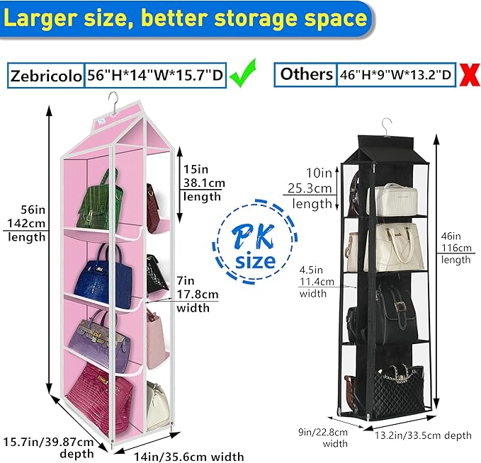 Purse Organizer for Closet, with Zippered-Dustproof, Purse Organizer, Designed for Oversized Wallets & Holds 8-16 Purses, Hanging Purse Organizer for Closet, Pink-Purse Storage