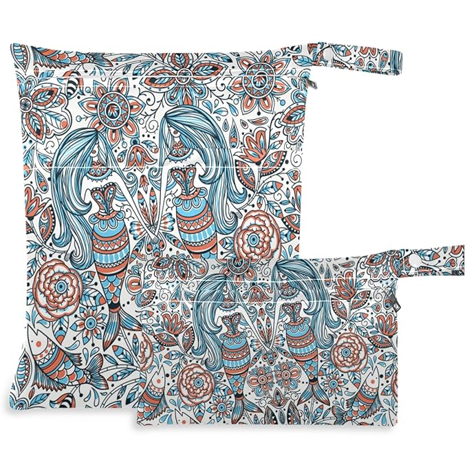 visesunny Vintage Mermaid 2Pcs Wet Bag with 2 Zippered Pockets Snap Handle Washable Reusable Roomy for Travel,Beach,Pool,Daycare,Stroller,Diapers,Dirty Gym Clothes, Wet Swimsuits, Toiletries