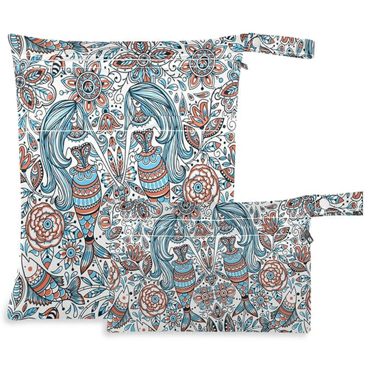 visesunny Vintage Mermaid 2Pcs Wet Bag with 2 Zippered Pockets Snap Handle Washable Reusable Roomy for Travel,Beach,Pool,Daycare,Stroller,Diapers,Dirty Gym Clothes, Wet Swimsuits, Toiletries