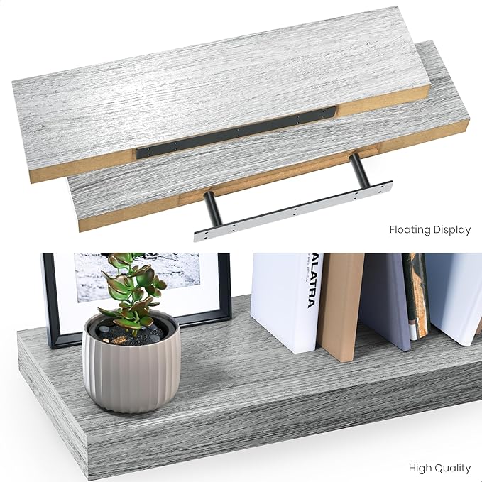 Ballucci Floating Shelves, 24" Wood Wall Shelf Set of 2, with Invisible Brackets for Bathroom, Living Room, Bedroom, Kitchen, Nursery, 6" Deep, Rustic Gray