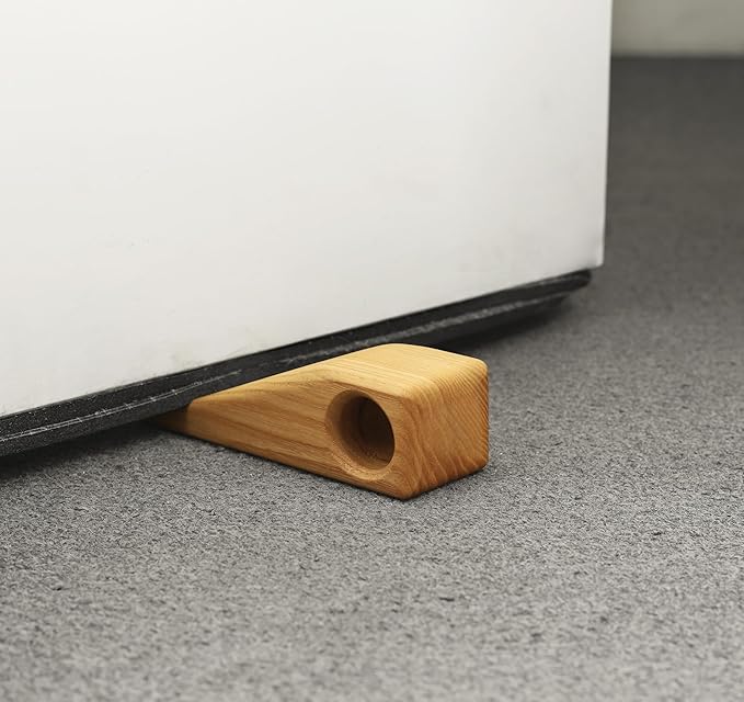 2 Pack Wooden Door Stoppers - Non-Slip Door Wedges, Triangle Wood Block with Hanging Hole for Any Floor, for Bathroom, Bedroom, Livingroom, Home and Office (Light Wood)