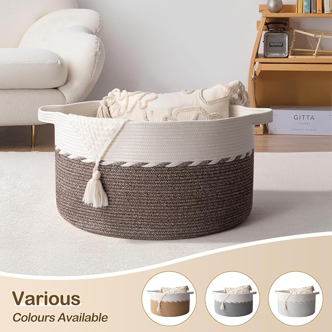OIAHOMY 90L Blanket Basket for Living Room, Large Basket 23" x 23" x 13" with Handle, Laundry Hamper for Blankets, Pillows, Toy Storage for Kids, Dogs - Brown & White