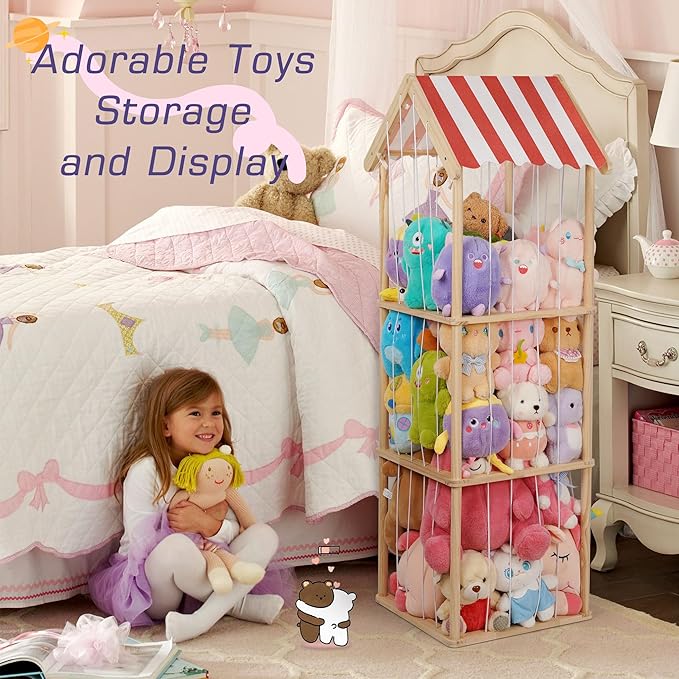 Edudif Stuffed Animal Storage, Space Saving Vertical Stuffed Animal Holder Wood, Easy Assembly Cottage-Style Plush Toys Organizer for Kids Bedroom & Playroom (Wood, Large)