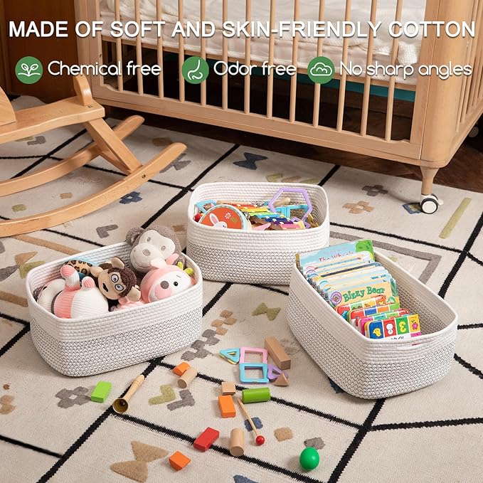 OIASKET Storage Baskets for Organizing 3 Pack, Woven Baskets for Shelves, Closet Organizer Bins Empty Gift Basket Toy Storage for Toys, Books, Towels, Clothes, 15"x11.42"x6.7", White & Black