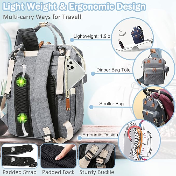 SHITIESHOU Diaper Bag Backpack Baby Bag, Baby Girl Boy Diaper Bag for Dad Mom with Pad, 16 Pockets, Pacifier Case, Large Diaper Bags Unisex for Travel (Grey)