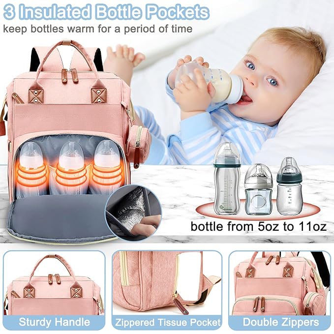 SHITIESHOU Diaper Bag Backpack Baby Bag, Baby Girl Boy Diaper Bag for Dad Mom with Pad,16 Pockets, Pacifier Case, Large Diaper Bags Unisex for Travel (Orange Pink)