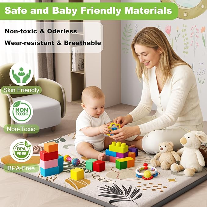 1.3" Thick Baby Play Mat for Floor, Elasti-Foam 50x50 Playpen Mat, Water Repellent Ultra Soft Coral Velvet Tummy Time Crawling Mats for Kid Toddlers Infants, Non-Slip Backing Safe for Earth Tones