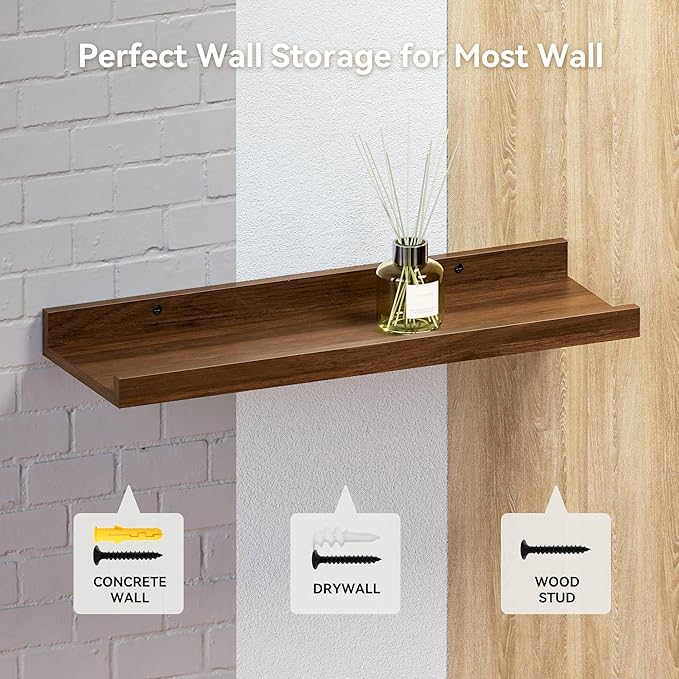 Floating Shelves Set of 2, Farmhouse Wall Shelves with Lip, Display Picture Ledge Shelf for Bedroom, Living Room, Bathroom, Kitchen - Walnut