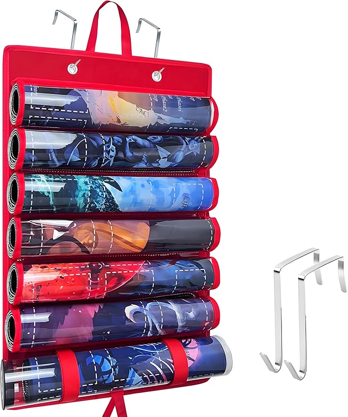 Playmat Holder, Playmat Tube Storage Bag for MTG with 2 Hooks, Fits 6+1 Game Mats & Tubes with Transparent Plastic Slots, Portable Organizer Case for TCG/RPG Mat (Red)