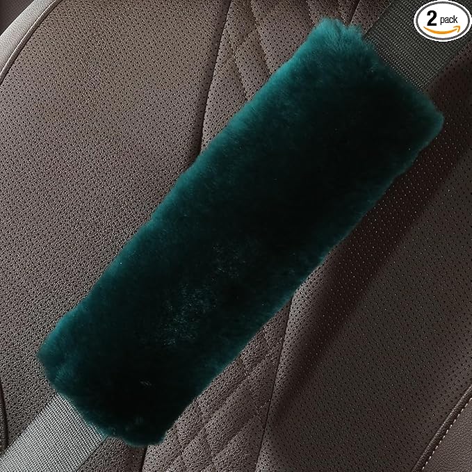 OGLAND Genuine Sheepskin Soft Fuzzy Car Seat Belt Pad,2 Pack Fluffy Seat Belt Cover for Shoulder Pad Neck Cushion Protector Car Accessories (Alpine Green)