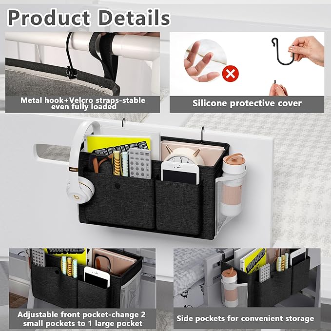 Edudif Bedside Caddy Bedside Organizer with Fixed Straps & Water Bottle Holder, Bunk Bed Caddy ideal for Home, Dorm, Hospital, Crib, Versatile Bedside Storage Solution (Black)