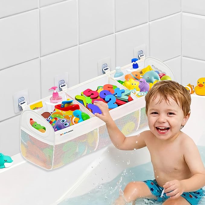 Bath Toy Holder 3 Compartment, Bath Toy Storage, Large Bathtub Toys Holder Organizer for Tub, Quick Dry Bathroom Mesh Net Bag with 6 Heavy Duty Adhesive Wall Hooks