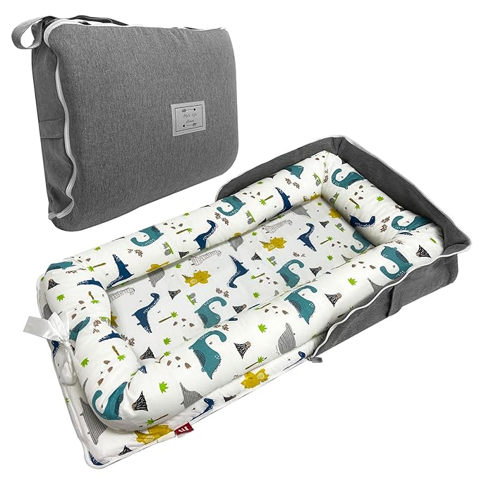 Baby Lounger, Foldable Portable Infant Lounger, Baby Nest Cover, Suitable for 0-24 Months Newborn Baby Lounger,Home Travel Dual-Purpose Baby Nest（Blue Dinosaur）