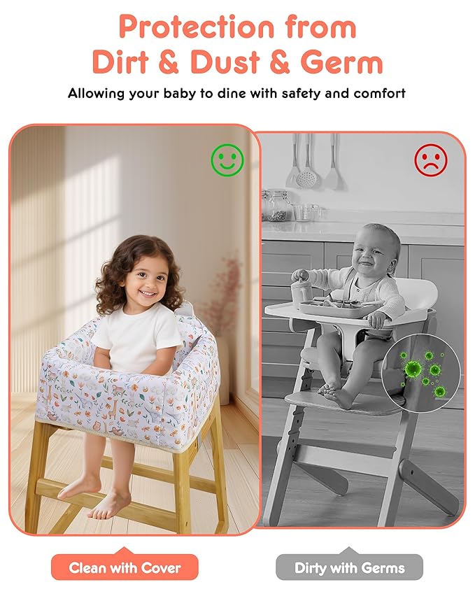 High Chair Cover Portable with 3-Point Harness, Waterproof Baby Seat Cover for Restaurant Travel Home Use, Machine Washable, Fits Wooden Chairs (Yellow Animal)