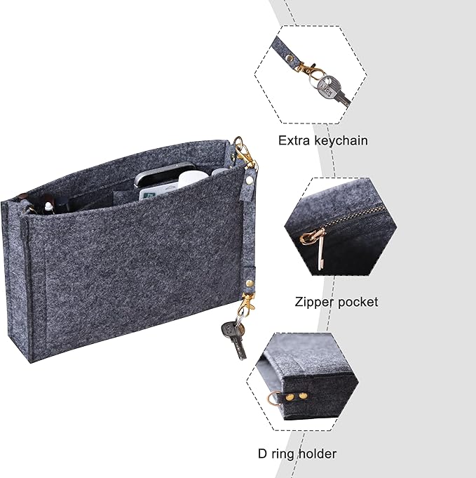 Soyizom Felt Hangbag Tote Organizer Insert Fits Toiletry Pouch 26 19 Messenger Bag Insert Organizer for Women,Hangbag Purse Liner Bag in Bag Tidy Organizer with Gold Buckle&Keychain(Small-19,Grey)
