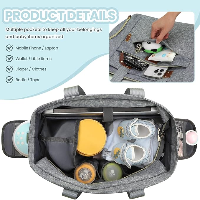 Pritent Diaper Bag Tote for Working Mom, Large Travel Diaper Tote for Mom and Dad with 14 Inch Laptop Sleeve, Mommy Maternity Travel Baby Bag for Boys and Girls, Grey
