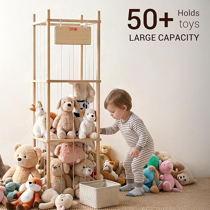 KiddoCood Kids CPC & TIC Certified Stuffed Animal Storage - 3-Tier Large Natural Solid Wood Plush Toy Organizer & Holder, Corner Solution for Playroom & Nursery, BPA-Free & Zero Glue