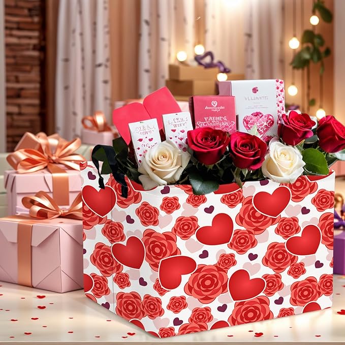 ASKETAM Valentine's Day Basket for Gifts Empty Cute Heart Large Gift Basket Decorative Storage Bin for Kid and Baby Room Décor (Red Love Rose)