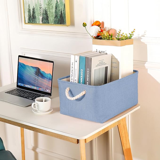 LordCom Storage Bins with Sturdy Cotton Handles(1 Pack), Fabric Storage Baskets for Organizing use for Office & Home, Book, Clothes, Toys, Closet Boxes (Small, Blue, 12.2x8.3x6.3 inches)