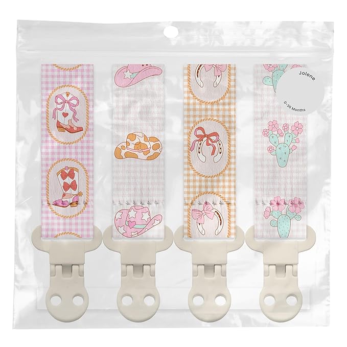 Stadela Baby Fabric Pacifier Clip Holder, Plastic Clip, 4‑Pack, Western Pattern, Jolene Set