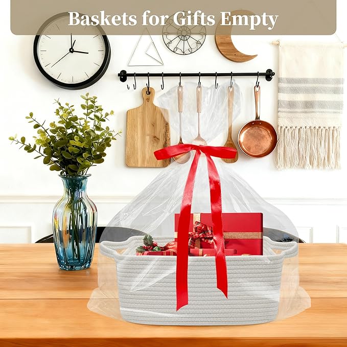 Gift Baskets Empty for Kids, Valentines Day Basket Woven Storage Basket for Gifts Small Rope Basket for Toy Baby Shower Baskets for Diaper Caddy White, 14 x 10 x 6 inches