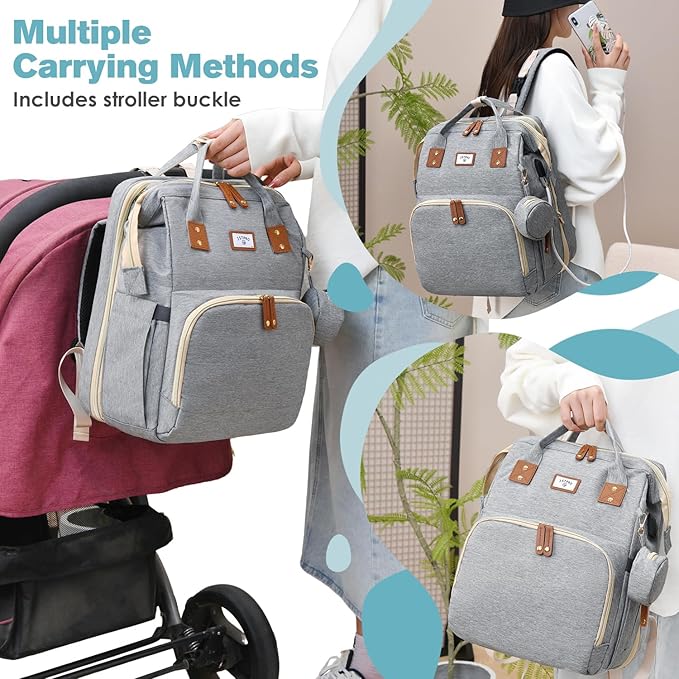 JSTPRO Diaper Bag Backpack, Large Waterproof Lightweight Diaper Bag with Changing Station, Insulated Pockets, USB Port & Stroller Straps, Travel Baby Bag for Mom and Dad, Baby Shower Gifts (Grey)