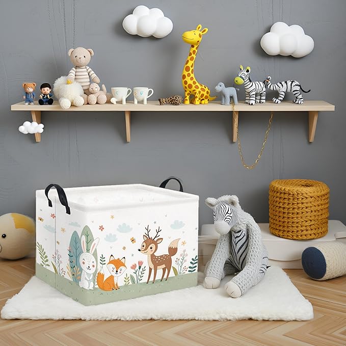 TIBAOLOVER Rectangular Kids Storage Basket Baby Storage Basket with Handles for Home Kitchen Boys and Girls Cute Toy Storage Bin Organizer Shelf Book Room Decor(Flower Animal)