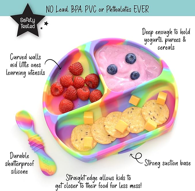 PrimaStella Unbreakable Silicone Non-Slip Baby & Toddler Plate and Spoon Feeding Set - Rainbow Swirl