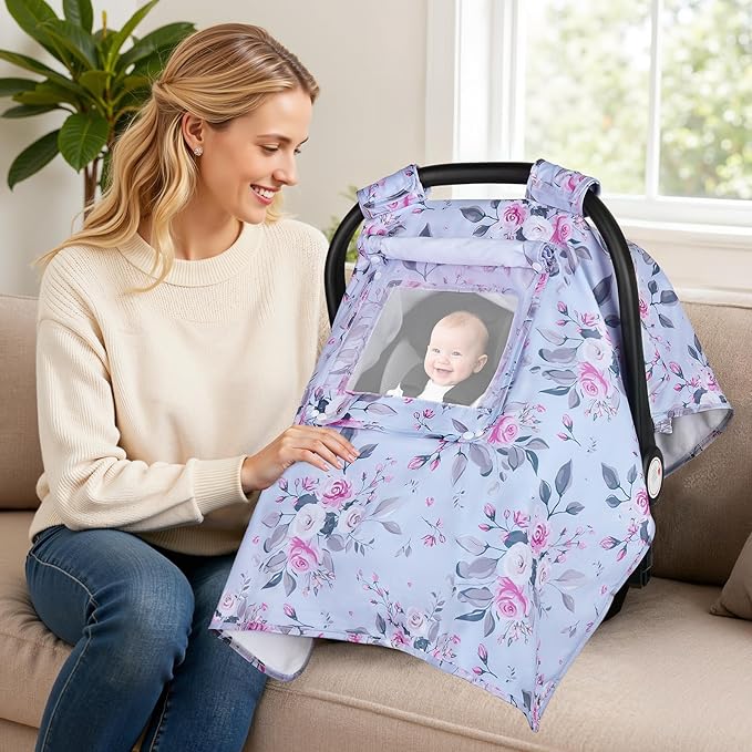 Car Seat Cover Baby, Carseat Covers Baby with 2 Layers Breathable Windows, Windproof Infant Car Seat Cover, Kick-Proof Baby Carrier Cover for Baby Girl Newborn Essentials