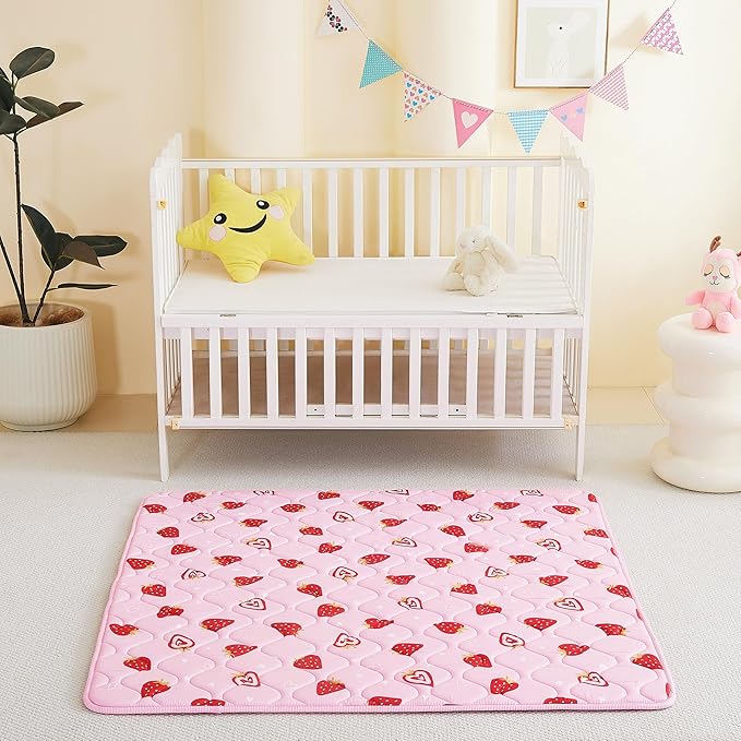 Viviland Baby Play Mats for Floor, Thicken Cushioning Padding Foam Playmate for Baby and Toddlers Infants, 50" x 50" Playpen Mat, Non-Slip & Machine Washable - Pink Strawberry