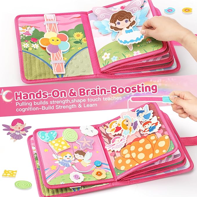 22 in 1 Busy Book for Toddlers 1-3-Sprite Montessori Toy Busy Board for 1 Year Old with Fishing Game, Educational Sensory Quiet Toy, Airplane Car Travel Essential Valentines Birthday Easter Gift Girl