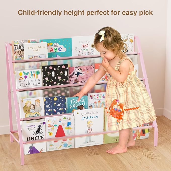 High-Transparent 4 Tier Kids Bookshelf, Sturdy Metal Large Size Book Rack Storage for Kid - Toddler Book Shelf Display for Nurasery, Playroom or Kids Room, Bookshelf Hold More Books - Pink