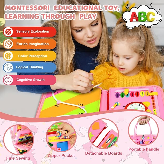 Toddler Busy Board Montessori Toys, Busy Book Educational Learning Toys for Toddler Girls, Activity Book Sensory Toy with Life Skills, Kids Travel Toy for Airplane Car Toddlers Christmas Birthday Gift