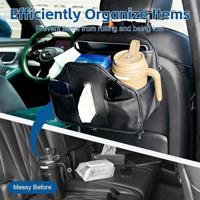 CHOEGIG Multifunctional Car Tissue Holder,Back Seat Organizer with Cup Holder,PU Leather Car Headrest Seat Back Storage,Snack Organizers for Kids,Large Tissue Box Cover Fit Kleenex Tissues(50-230ct)