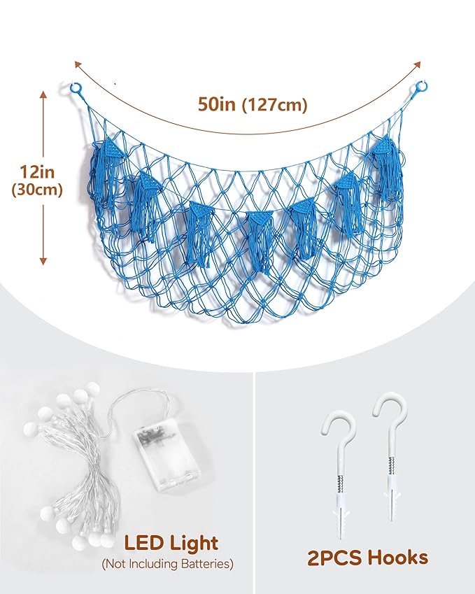 Boho Macrame Stuffed Animal Hammock with LED Lights, Wall Corner Hanging Plushie Net, Large Toy Organizer for Kids Bedroom Nursery Playroom & Dorm (Blue XL)
