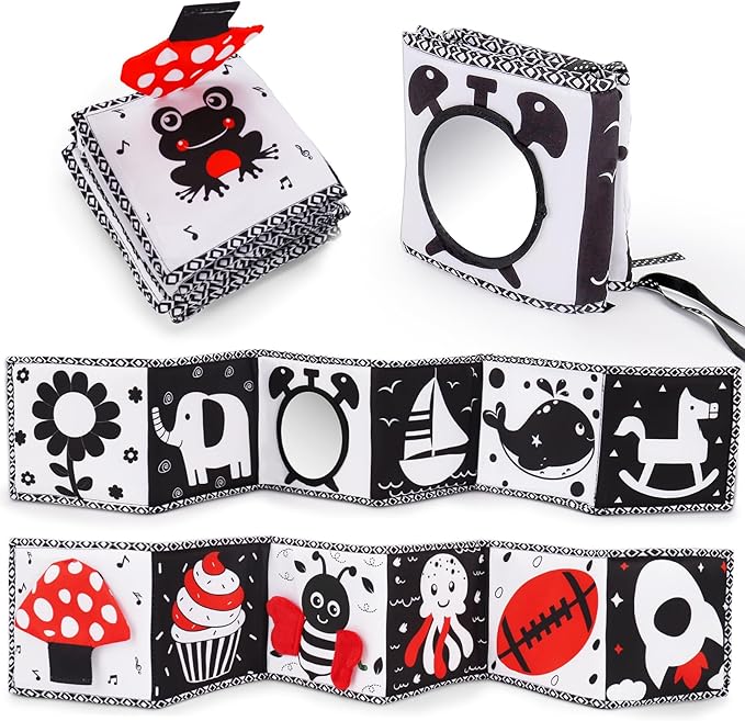 Black and White High Contrast Toys for Baby 0-3 3-6 months Infant Tummy Time Soft Book Sensory Musical Toy 0-2-4-6 month Babies Brain Development Crinkle Book Mirror Newborn Easter Basket Stuffer