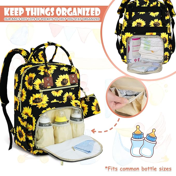 Tenot Baby Diaper Bag Backpack, Travel Diaper Bags for Baby Girl Boy Large Capacity Baby Bag Backpack for Women Sunflower
