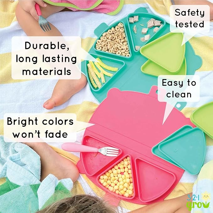 Silicone On-The-Go Snack Mat – Foldable Reusable Placemat with 3 Compartments and Lids – Travel-Friendly Baby and Toddler Snack Plate – Dishwasher Safe (Cotton Candy)