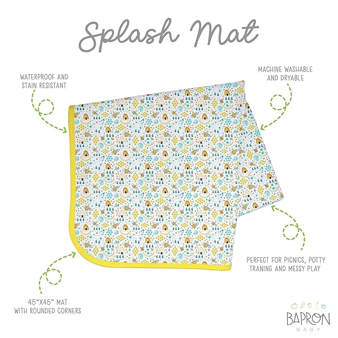 BapronBaby Busy Bees Splash Mat - Waterproof Catch-All for Under High Chairs, Floors, Tables, Playtime or Arts & Crafts - Machine Washable - 45" x 45”