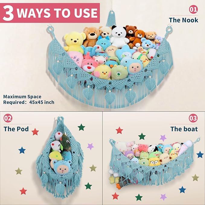 Stuffed Animal Hammock Corner - 56'' Jumbo Handcrafted 5mm Double Macrame Cord Stuffed Animal Storage Net - 100% Natural Cotton Toy Hammock Holder - Turquoise Stuffy Plushie Net w/LED Star Light