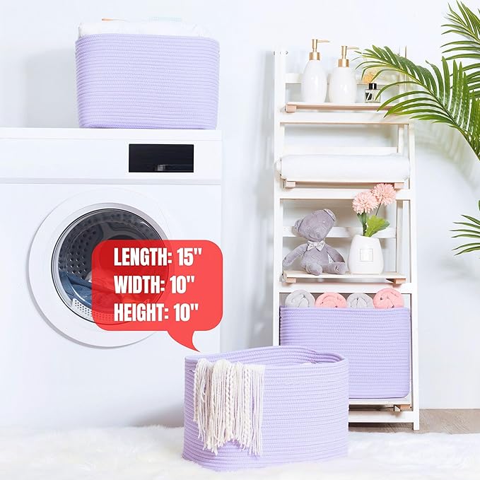 MINTWOOD Design 3-Pack Storage Baskets and Cube Bins for Shelves, Playroom and Classroom, Decorative Woven Closet Organizers for Books, Shoes, and Pantry Items, Lavender Purple