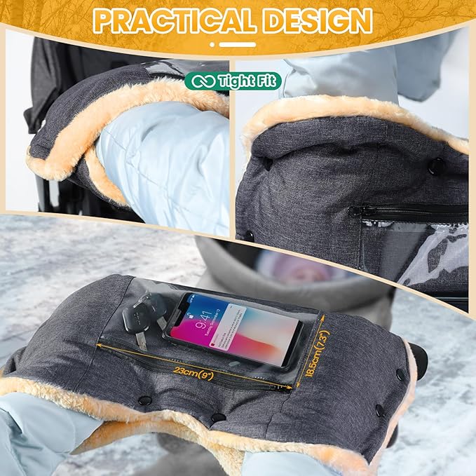 Orzbow Faux Sheepskin Stroller Gloves with Phone Pockets, Winter Extra Thick Mittens for Baby Stroller, Cozy & Warm, Anti-freeze Hand Muff Easily Attaches to Stroller for Parents Caregivers, Dark Gray