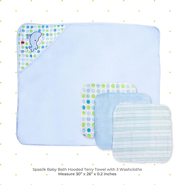 Spasilk Baby Bath Hooded Terry Towel with 3 Washcloths, Baby Bath Essentials, One Size, Blue Whale (Pack of 3)