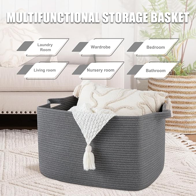 SIXDOVE 65L Large Storage Basket, Cotton Rope Woven Blanket Basket, Toy Storage for Baby Room, Living Room, Dark Grey