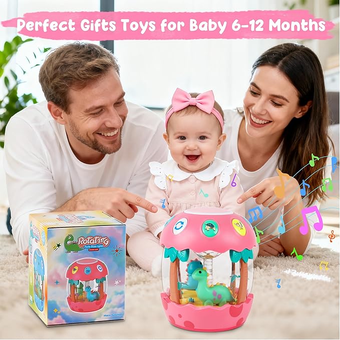 M SANMERSEN Baby Girl Toys 6-12 Months, Dinosaur Rotating Light Up Musical Baby Toys for 0-6 12-18 Months Newborn Infant Crawling Tummy Time Toys, Birthday Valentines Day Baby Girl Gifts - Pink